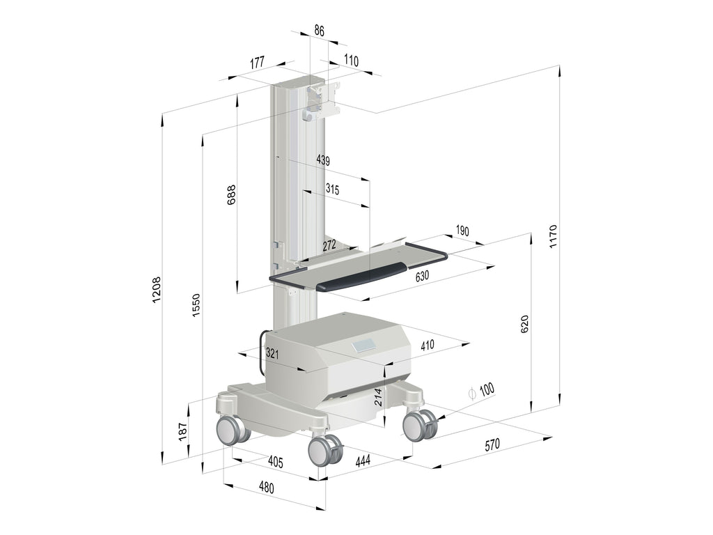 SMART-LIFT IT-Visitenwagen K-25071-V, Maßzeichnung Lift unten