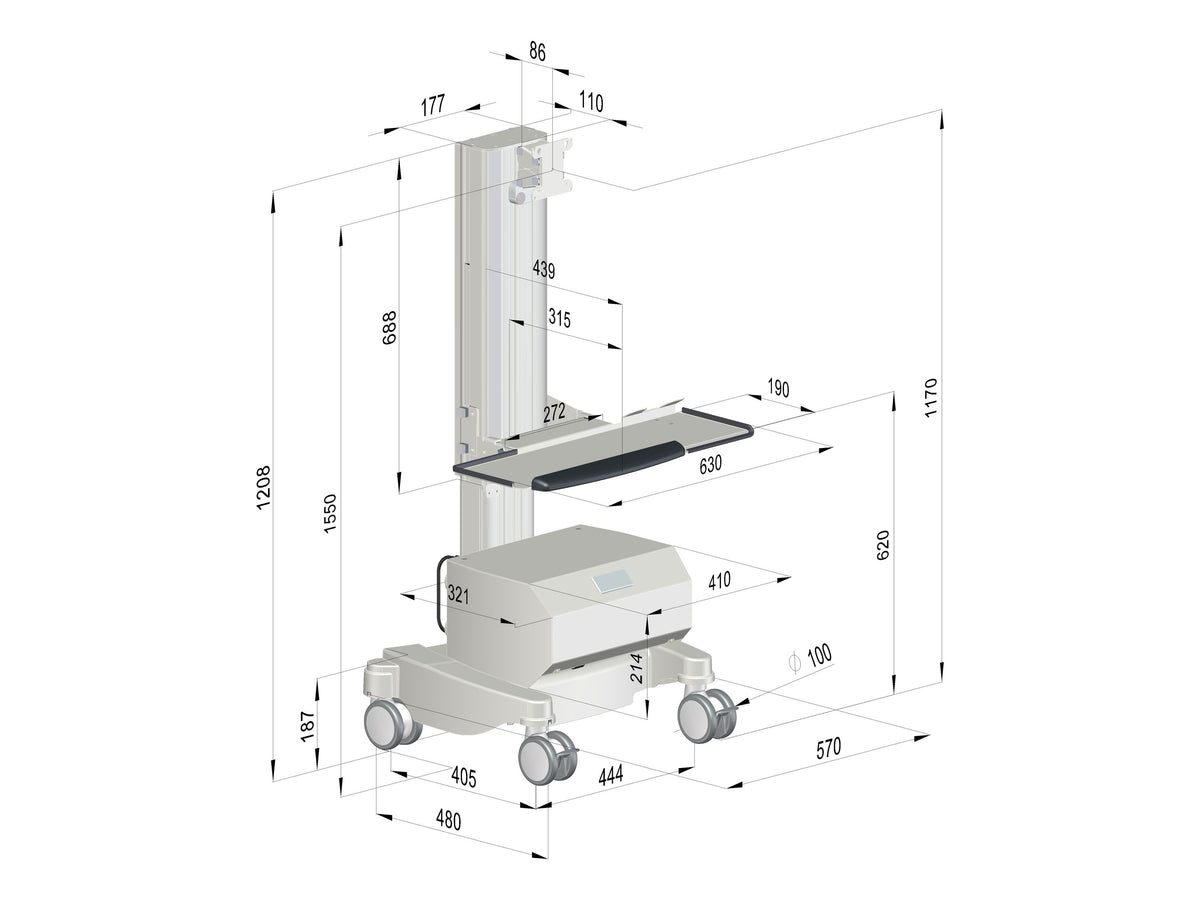 SMART-LIFT IT-Visitenwagen K-25071-V, Maßzeichnung Lift unten