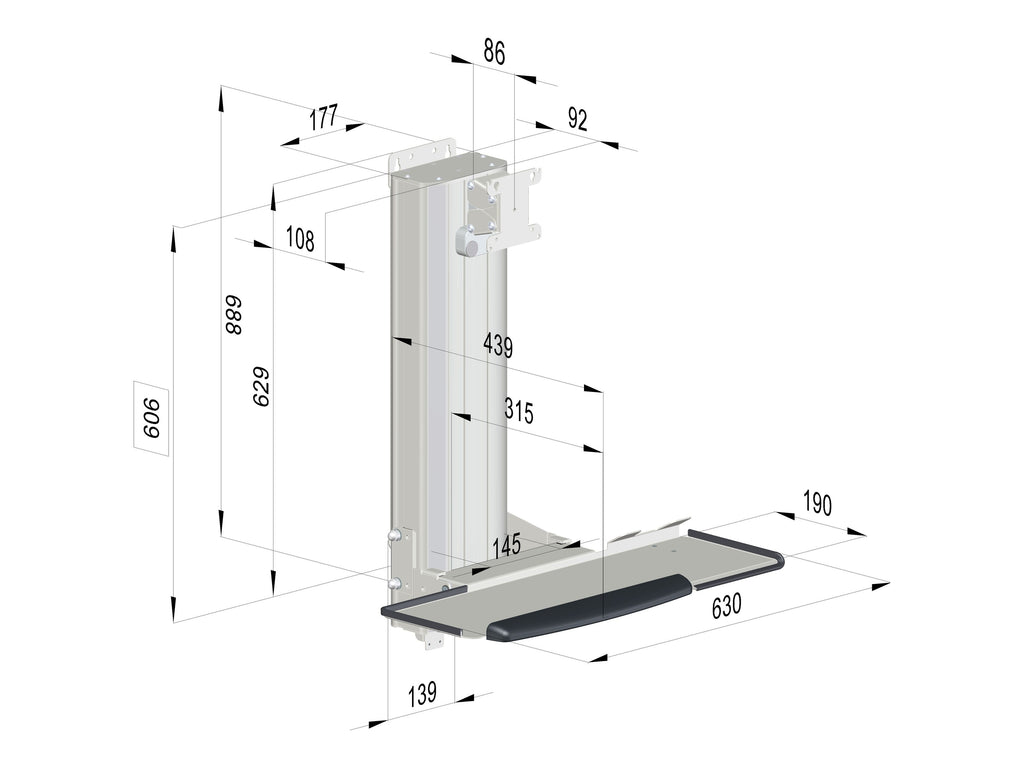 SMART-LIFT Wand-Arbeitsplatz K-25101, Maßzeichnung Lift unten