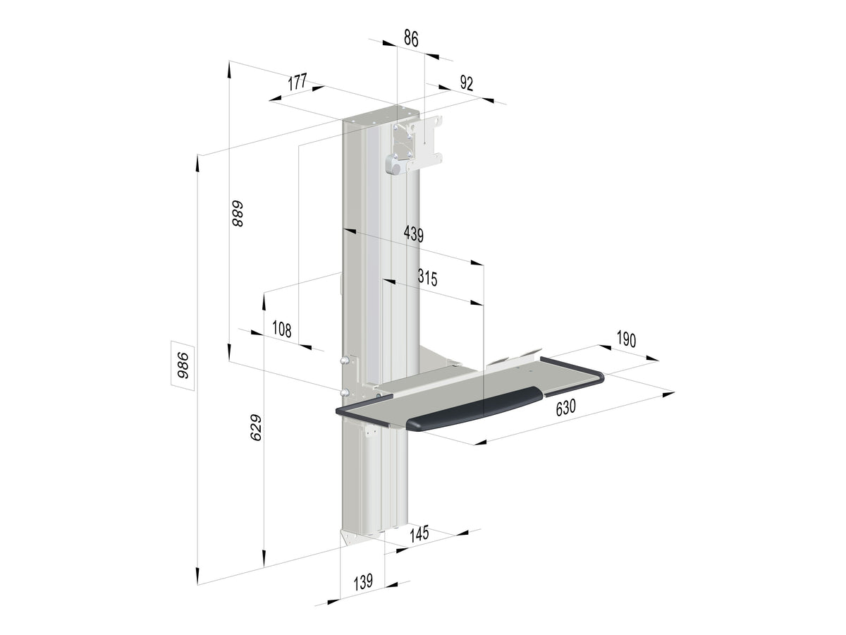 SMART-LIFT Wand-Arbeitsplatz K-25101, Maßzeichnung