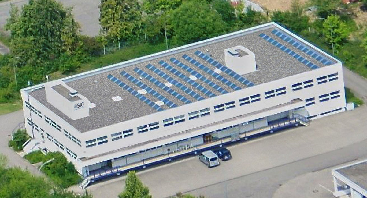 Aerial view of the S.I.C company building with photovoltaic system